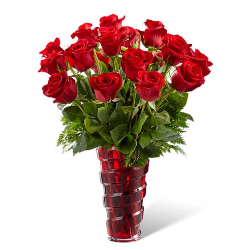 All red rose bouquet in a red vase