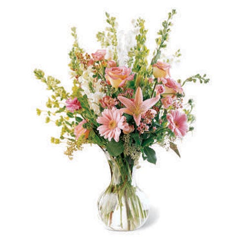 Pink lily, peach roses and gerbera daisy flowers