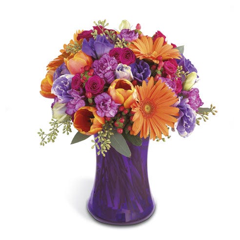 Purple and orange flowers bouquet with orange tulips, gerbera daisy and purple lisianthus