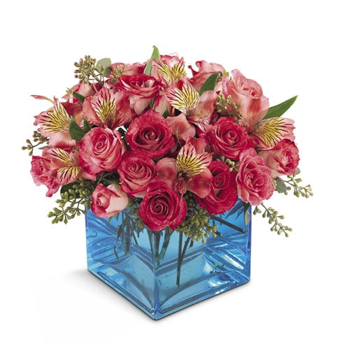 A Bouquet of Hot Pink Spray Roses and Hot Pink Alstroemeria in an Ocean Blue Square Glass Vase in a Card Message