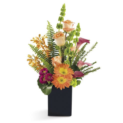 premium flower delivery with peach flowers, mokara orchids, orange gerbera daisy
