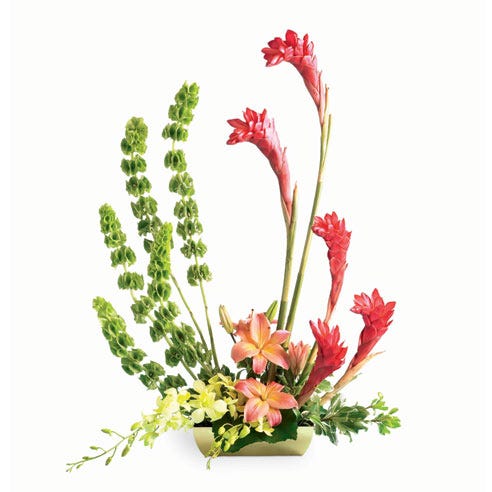 Bells of ireland and pink lilies in this tropical bouquet from send flowers