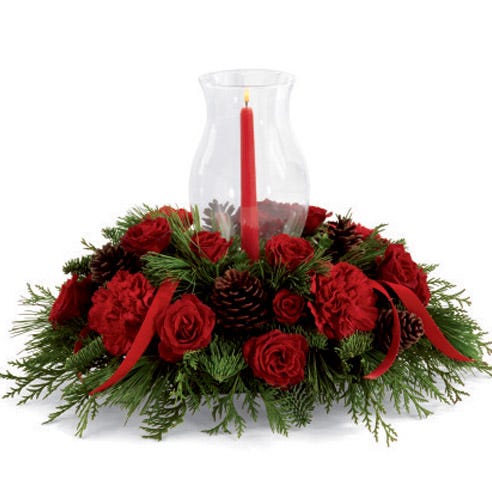red rose floral centerpiece with red carnations and spray roses