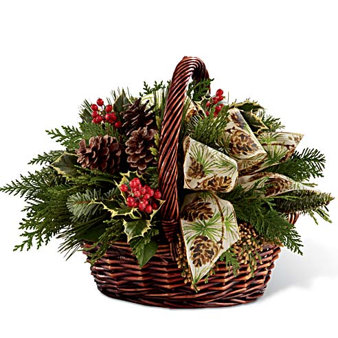 A bouquet of Fresh Greenery, Holly & Salal, and Natural Pinecones in a Bamboo Container