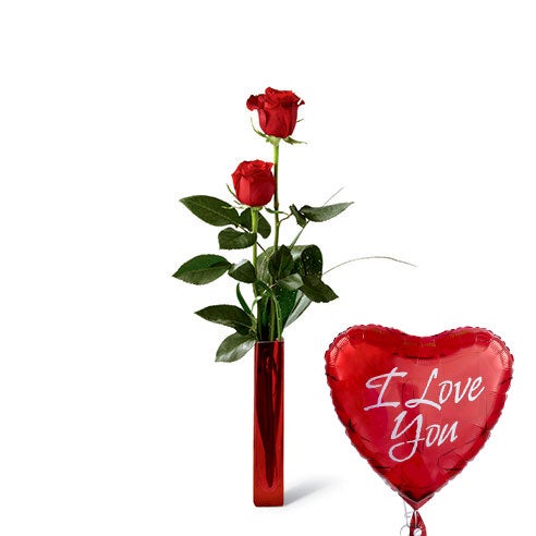 Thin crimson red vase with a combination of 2 pieces of red rose and aspidistra leaf and a heart shaped I love you balloon