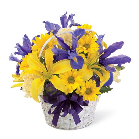 Mixed yellow lily and daisy flower basket bouquet with purple irises