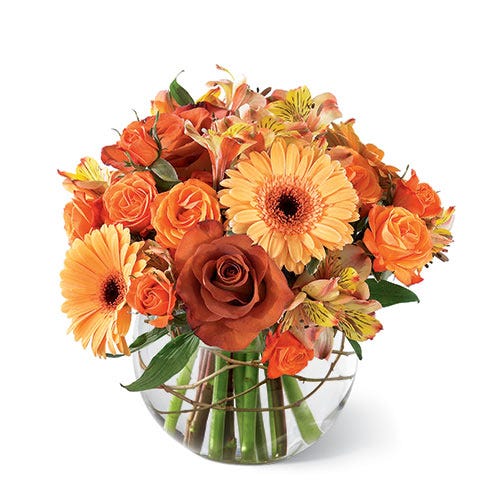 Orange roses, orange gerbera daisies and orange alstroemeria