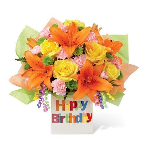 Send flowers online in this orange flower bouquet with orange lilies