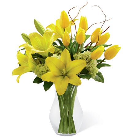 Yellow lilies bouquet and yellow tulips online for cheap sisters day flowers free delivery