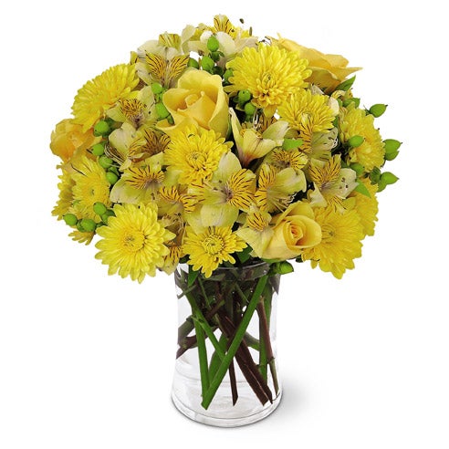 A Bouquet of  Yellow Roses, Lemon Hued Daisies, Gold Peruvian Lilies and Green Hypericum in a Glass Vase