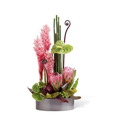 Tropical bouquet of pink ginger, bright green anthurium and mini anthurium, green hypericum berries, queen protea and tropical greens