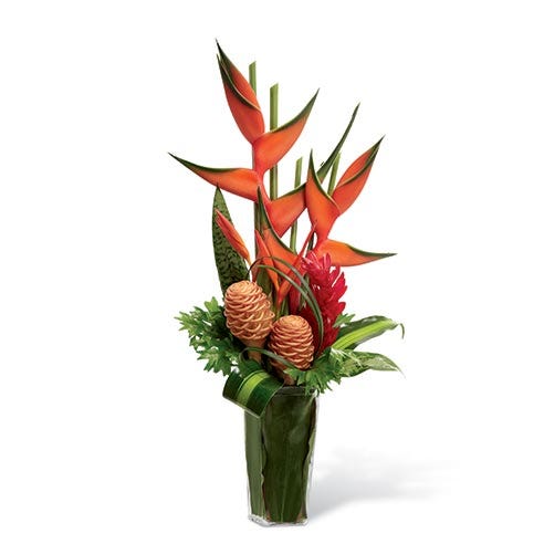 Bright red and green upright heliconia, orange and yellow psitticorum heliconia, shampoo ginger, red ginger and an assortment of tropical leaves and greens in a clear glass tapered square vase