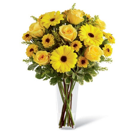 Yellow roses, gerbera daisies, Viking chrysanthemums, solidago, and greens in a clear glass square tapered vase