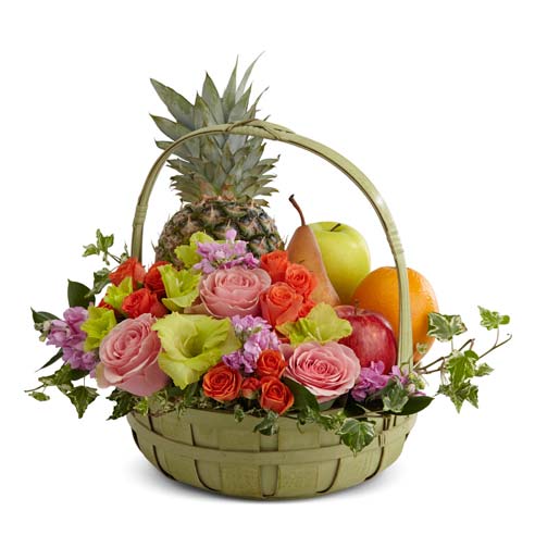 Flower and fruit basket, sympathy fruits basket with pink roses and gladiolus