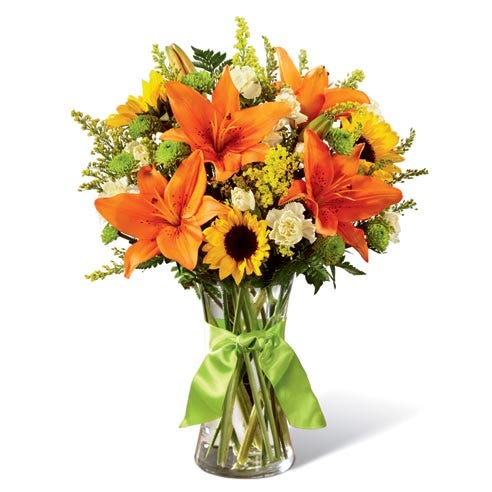 Lily flower bouquet with orange lily, sunflowers and cheap flowers for cheap flower delivery