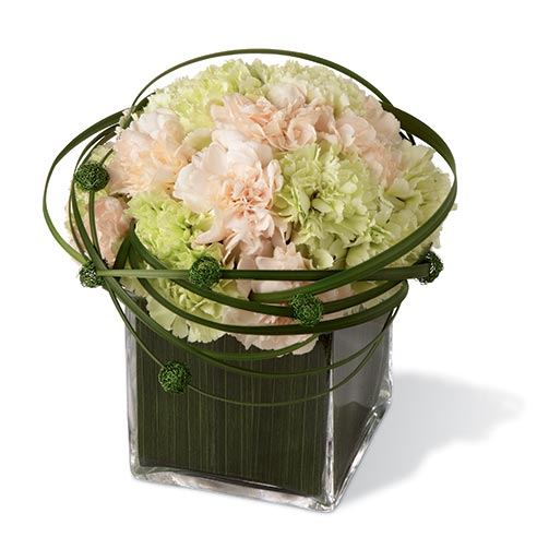 A Bouquet of Peach And Light Jade Carnations and Lily Grass in a Clear Glass Cube Vase