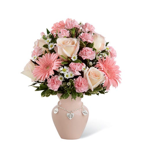 New Mom flower arrangement with pink roses, carnations and gerbera daisies 
