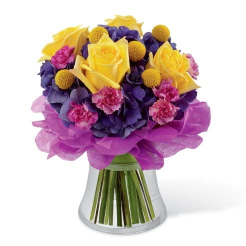 Yellow roses, pink carnations and purple hydrangea florist delivered