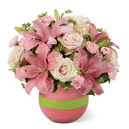 Bouquet of pale pink roses, pink Asiatic lilies, pink mini carnations and bupleurum