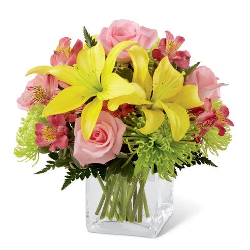 Yellow lily bouquet with pink roses for cheap flowers delivery on discount flowers flower bouquets.