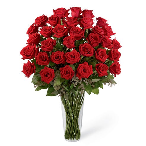 A Bouquet of  36 Long-Stem Red Roses and Seeded Eucalyptus in a Classic Glass Vase