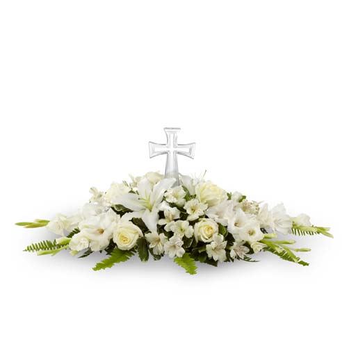 Cross sympathy flower arrangement and cross altar arrangement of white flowers