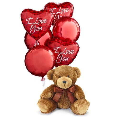  6 pieces I Love You Mylar Balloons Hand tied with a ribbon and Plush Bear