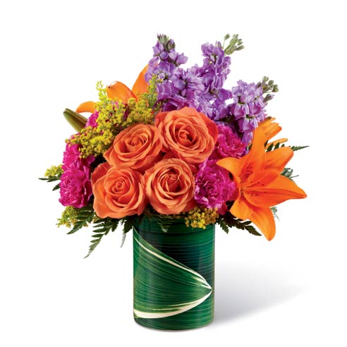 Orange rose bouquet and mixed bouquet with orange lilies and flowers