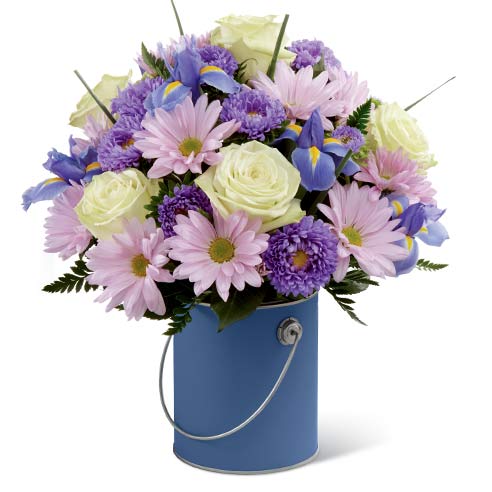 Blue flowers bouquet with lavender daisy, pale green roses, and cheap flowers