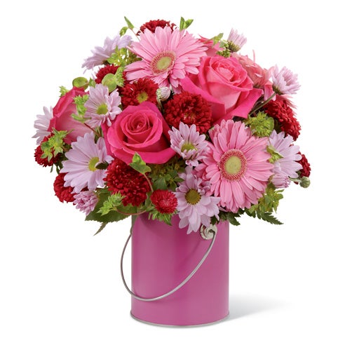 A Bouquet of Fuchsia Roses, Light-Pink Gerbera Daisies, Lavender Daisies, Lush Greens and Red Matsumoto Asters in a Painted Can Vase