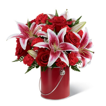 A Bouquet of Red Roses, Stargazer Lilies, Red Mini Carnations, and Million Star Gypsophila in a Decorative Paint Can Inspired Vase