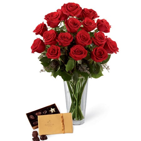 A Bouquet of Long-Stem Red Roses, Seeded Eucalyptus and Lush Greens in a Clear Glass Vase with 8-piece Box of Godiva Chocolates