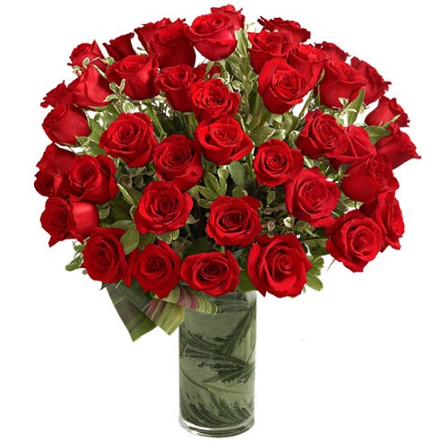 A Bouquet of 48 Long-Stemmed Red Roses, Lush Greens and Foliage in a Clear Glass Cylinder Vase