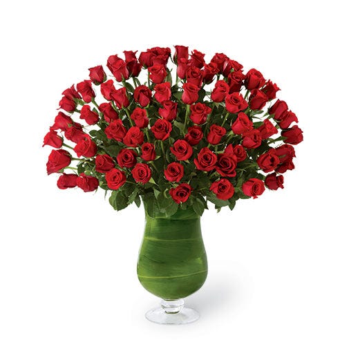 A Bouquet of 72 Pieces Long-Stemmed Red Roses in a Glass Pedestal Vase