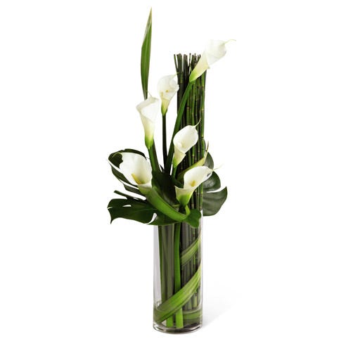 White calla lilies in cylinder vase with greens