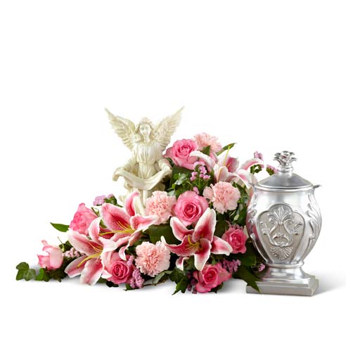 Pink red stargazer lily and white rose funeral flowers tabletop arrangement 