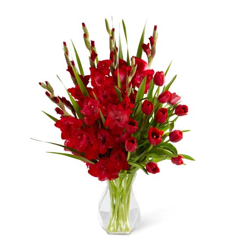 Red sympathy arrangement with tulips and gladiolus