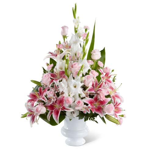 Florist arranged sympathy floral bouquet with pink roses and peruvian lilies