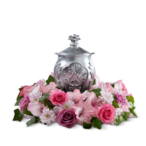 Hot pink and dark purple rose urn flower arrangement with pink gladiolus
