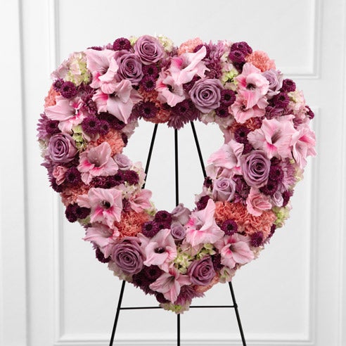 Pink flower heart standing spray and funeral heart flower arrangements delivery