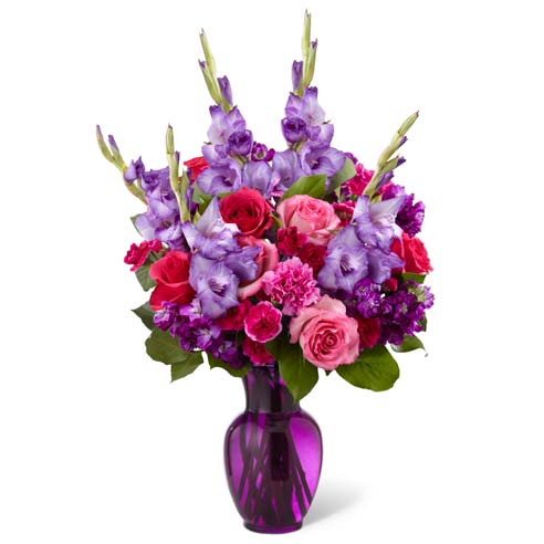 Dark purple gladiolus and pink rose sympathy flowers bouquet