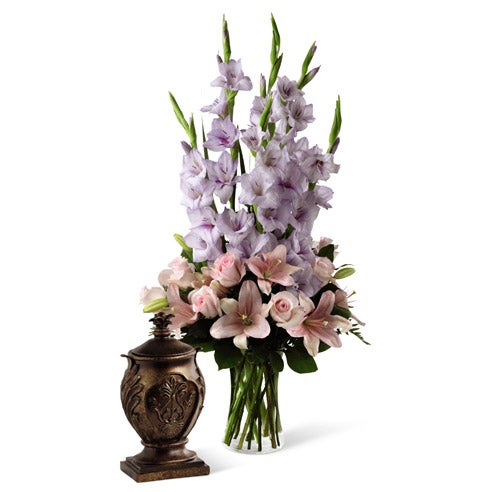 Flowers arrangement for funeral lilac orchids and urn flowers delivery
