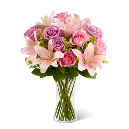 Pink asiatic lilies with purple roses and pink roses