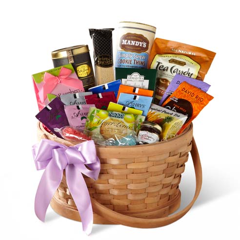 gift basket with gourmet teas, chocolate and jam