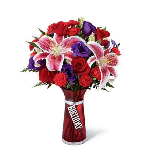 Red stargazer lily bouquet delivery with cheap flowers and red roses.