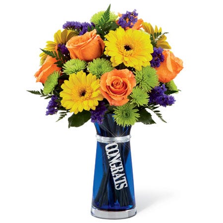 Congrats flowers of cheap flowers in blue flower vase with orange roses and yellow daisies