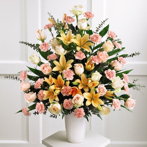 Peach lily funeral flowers delivery and unique funeral flower arrangements