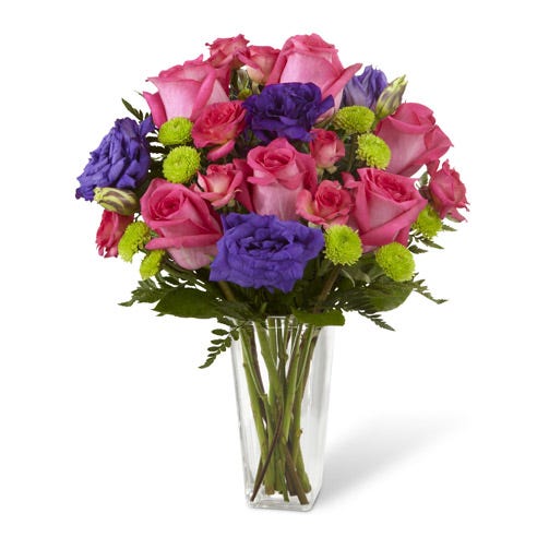 Pink roses and fuchsia roses with green button poms