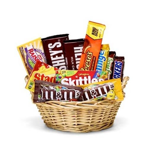 gift basket with candy and chocolates