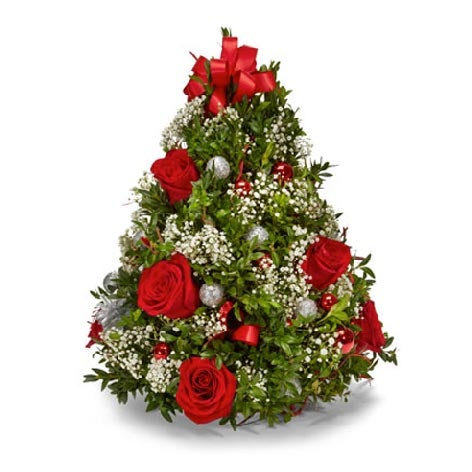 Small Tree Delivery that includes Holiday Greens, Mini Ornaments, Red Spray Roses and Baby's Breath